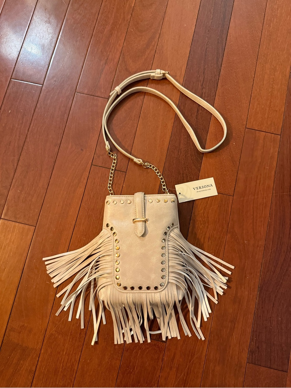 Versona Cream Fringe Crossbody Bag with Stud Accents